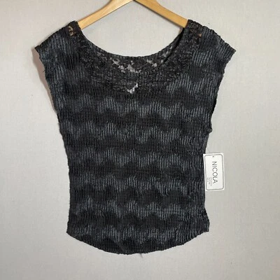 Y2K Топ женщин XL черный плиссированные лодки шеи бак кружева отделки резинка блузка новый - Изображение 1 из 4