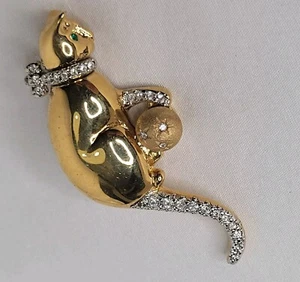 Vintage Katze Brosche goldfarben Starburst Kugel Strass Anstecknadel grün Strass Augen  - Bild 1 von 9