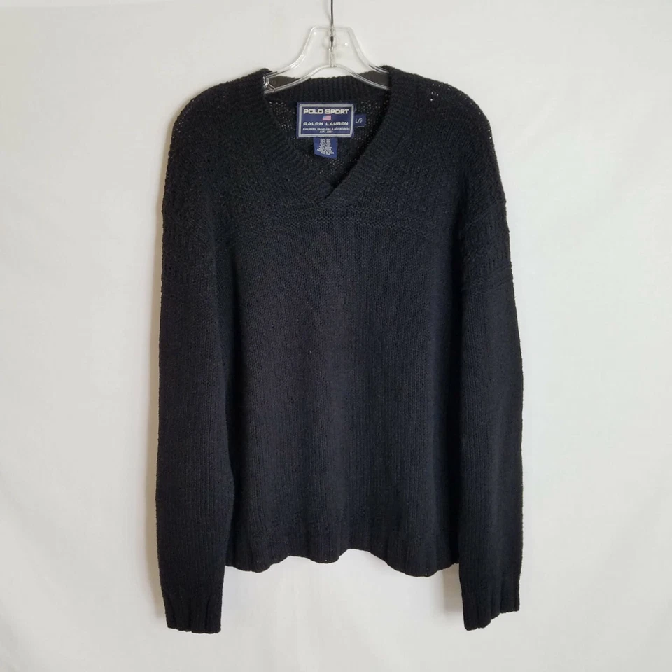 VTG Polo Sport Ralph Lauren Mens Black Silk Linen Knit V-Neck Sweater Sz Large - Image 1 of 4