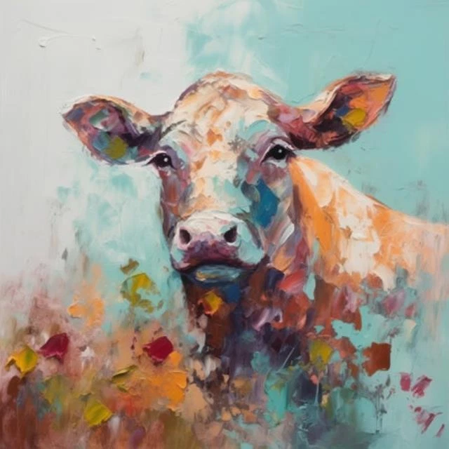 Wandbild: Gemälde einer Kuh mit Herbstblättern auf weißem Hintergrund. [...] - Bild 1 von 1