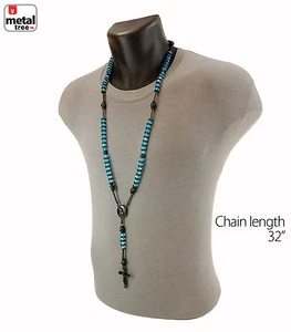 Men's 8mm Aqua Blue Bead Bk Plated Rosary Pray Hand & Jesus Cross Necklace BKAQ - Picture 1 of 5