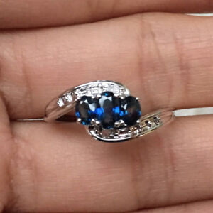 Natural Blue Sapphire Diamond Three Stone Engagement Ring 925 Sterling Silver