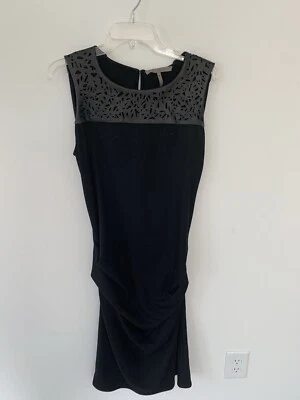 Halston Heritage Midi Dress Black Wool/ Faux Leather Size 12 - Image 1 of 4