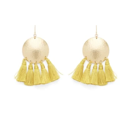 WILDE Montezuma Drops Yellow Tassel Dangle Earrings Hammered Gold Warrior Shield - Image 1 of 4