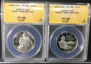 ONLY 2 SILVER PROOF COMMEM. HALF DOLLARS, PROOF 1982 WASHINGTON & 1993 MADISON - Picture 1 of 4