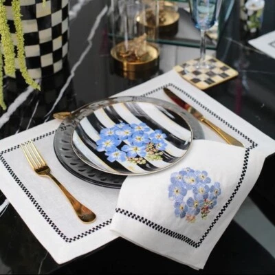 Set of 24Black & White Checkered Blue Flower Dinner Napkins - Elegant Cotton Tab - Image 1 of 4