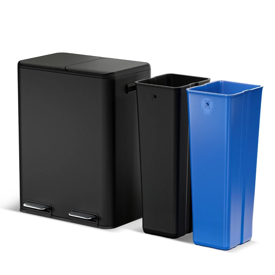 HOME ZONE LIVING 16 Gallon Kitchen Trash Can with Dual Compartments, Stainless Steel, Black