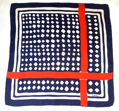 Cachecol de seda geométrico eco vintage década de 1960 azul marinho branco listra vermelha retrô 27 x 26 - Imagem 1 de 4