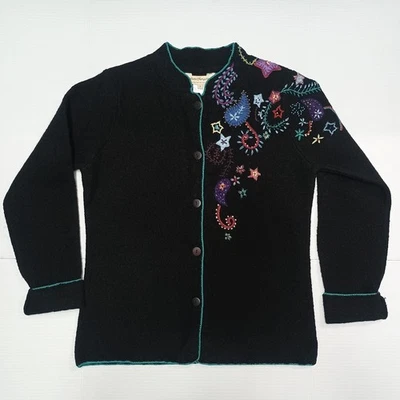 Norm Thompson 100% Wool Black Sweater Cardigan Jacket Embroidery Floral Small - Image 1 of 4