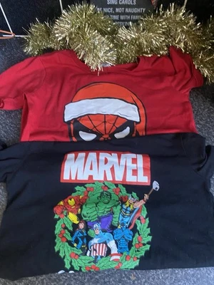 Boys Marvel Christmas T-shirt Top Spider-Man Hulk 9-10 Red Festive Bundle  - Image 1 of 3