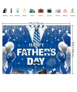 Happy Fathers Day Backdrop Blue Silvery Glitter Balloons Photo Background 7x5 FT - Picture 1 of 5
