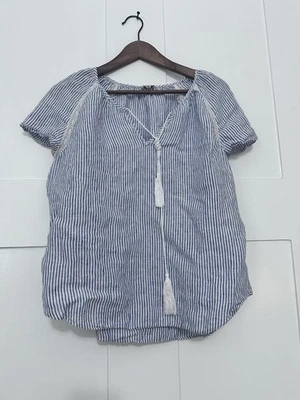 Cremieux Blue White Striped Shirt Amanda Blouse Lace Tie Tassel Size M - Image 1 of 4
