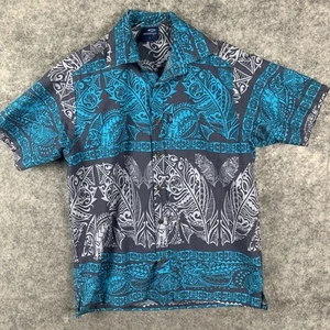 Aisokula Hawaiian Shirt Mens Small Blue Gray Tribal Print Made in Fiji - Picture 1 of 14