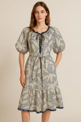 Vestido De Colección Tori Richard Honolulu Azul Blanco Estampado de Hojas Manga Abullonada Resort Cinturón Foto 1 de 4