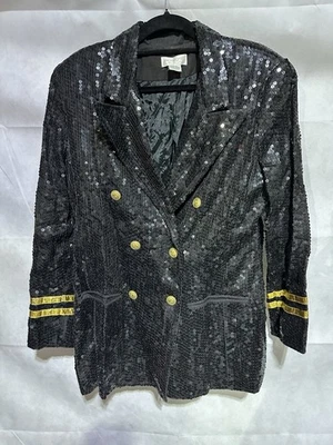 Blazer náutico vintage Lew Magram lentejuelas negras y doradas marinero militar talla grande Foto 1 de 4