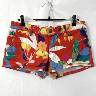 Roxy Jean Shorts Junior Sz 3 Red Hawaiian Tropical Floral Low Rise Shortie Denim - Image 1 of 4