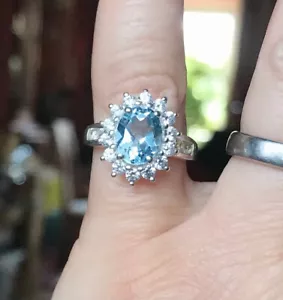 Anello aureola in argento sterling 925 acquamarina con topazio bianco anello a grappolo - Foto 1 di 10
