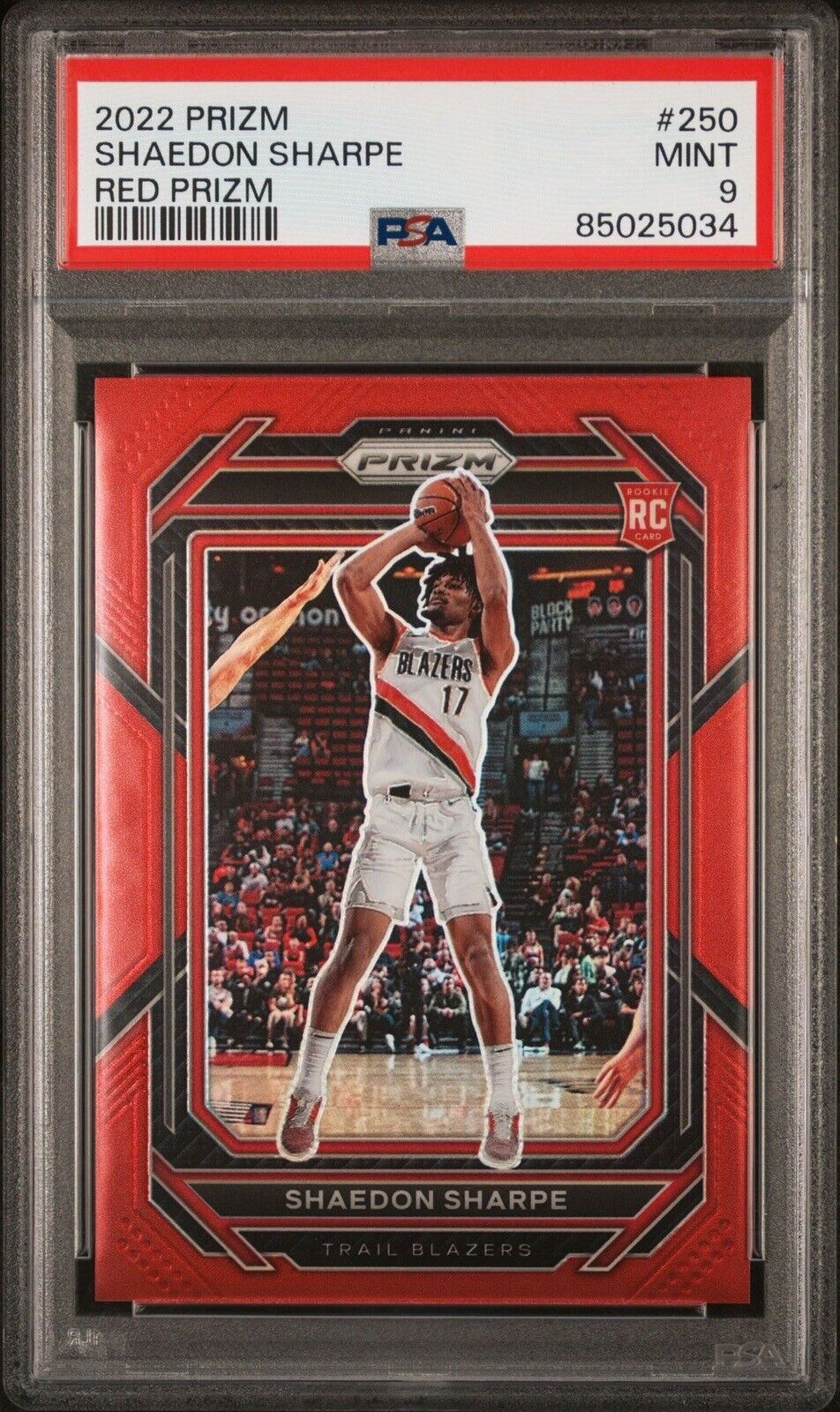 2022-23 Panini Red Prizm #250 Shaedon Sharpe Trail Blazers RC Rookie /299 PSA 9