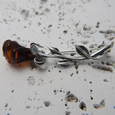  Broche/Pin Rosa AMBAR BÁLTICO Genuino Coñac/Marrón PLATA ESTERLINA 925 #0068 Foto 1 de 3