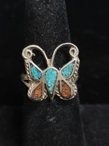 Butterfly Ring Sz. 6.25 #S32/16 Old Pawn Navajo Sterling Crushed Turquoise/Coral