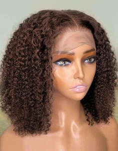 Schokobraune kurze lockige 4x4 Lace Front 100% Echthaar Perücken Bob Perücke - Bild 1 von 8