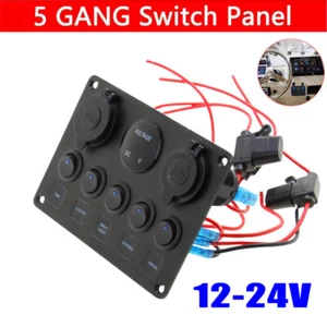 5 Gang 12V/24V Inline Fuse Box LED Switch Panel Dual USB Car Boat Truck Camper - Picture 1 of 13