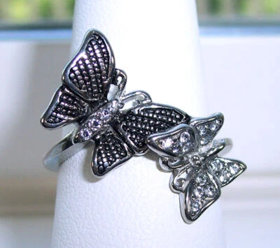 Anillo doble mariposa circonita cúbica acero inoxidable para mujer Foto 1 de 4