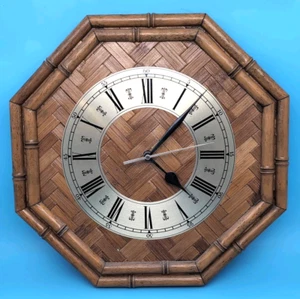 MCM Vintage Bamboo Rattan Wall Clock Wicker Basket Weave Large Circle Tiki 12.5" - Picture 1 of 9