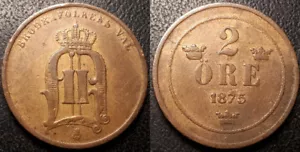 Suède - Oscar II - 2 öre 1875 overdate / 1874 ? - KM#735 - Foto 1 di 1