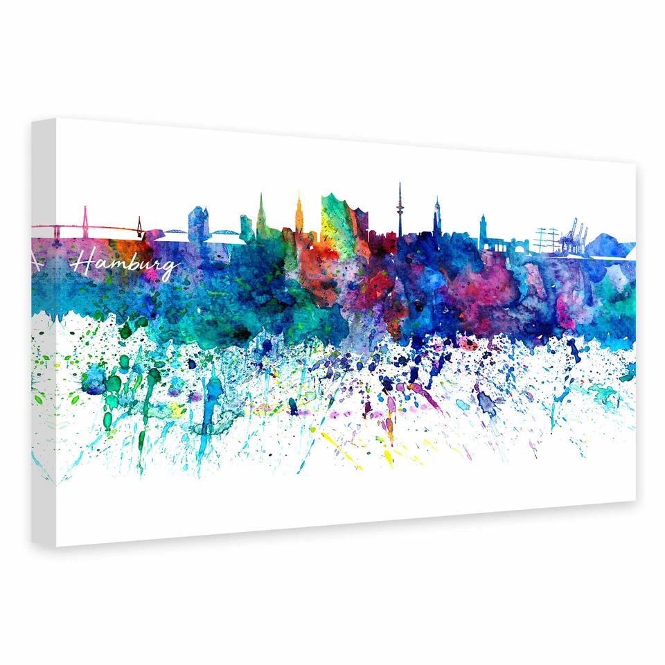 Leinwandbild Bleichner - Hamburg Aquarell Skyline WANDBILD KEILRAHMEN CANVAS - Bild 1 von 1