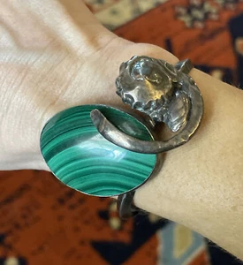 Vtg Malachite Cuff Bracelet Artisan Sterling, Metal, And Large Center Malachite - Picture 1 of 22