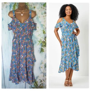 LADIES ROMAN DRESS SIZE 14 PETITE, Blue Floral Print cold shoulder Midi Dress - Picture 1 of 11