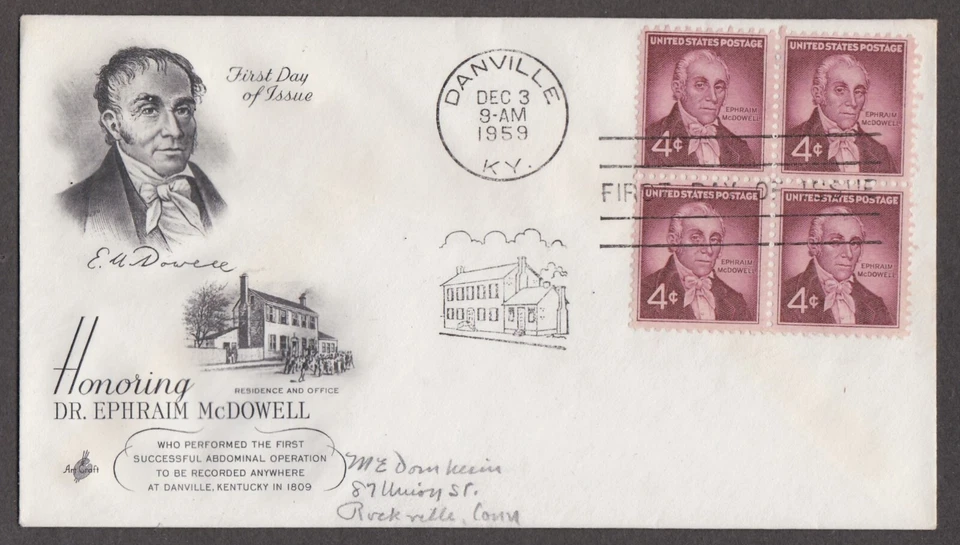 USA 1959 FIRST DAY COVER DR EPHRAIN McDOWELL MEDICINE IN BLOCK OF 4 + CAHCET - Image 1 of 1