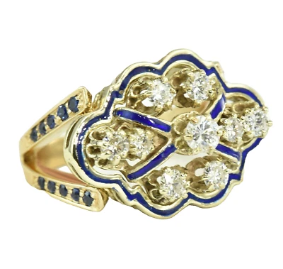 Vintage 1960s? 14k Gold Natural Diamond  Blue Sapphire  Cloisonne Enamel  Ring - Image 1 of 4