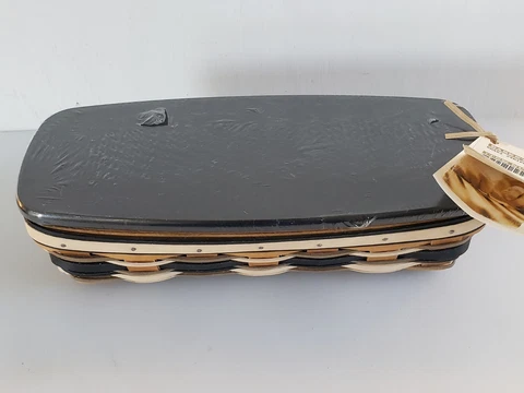 Longaberger NWT 2009 Khaki Stripe Keeper Black Cloth Liner Protector Wood Lid Cover