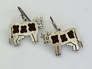 VINTAGE TAXCO MEXICO 925 STERLING SILVER ENAMEL COW DANGLE EARRINGS - Picture 1 of 13