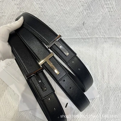TOM FORD Classic Letter Buckle T Belt Mens Leather Lychee Belt Cowhide Fashion Belt
