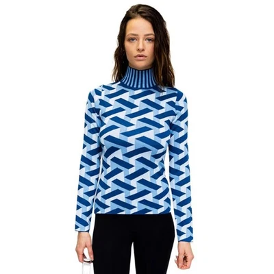 Nuevo con etiquetas Suéter Ronny Kobo $128 Geométrico Azul y Blanco Cuello Alto Talla Pequeña Foto 1 de 3