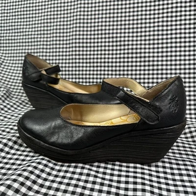 Fly London Mary Jane Wedge Heeled Shoes Black Leather Size EU 37 / US 6.5 - Image 1 of 4