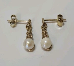 9ct 375 Yellow Gold Fresh Water Pearl Twist Drop Dangle Stud Earrings  - Picture 1 of 15