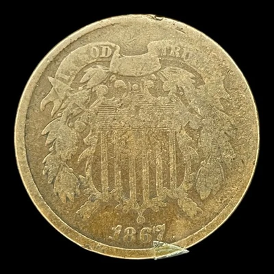 1867 Two Cent Piece 2c USA 2 Cents Antique Copper Coin - Image 1 of 2