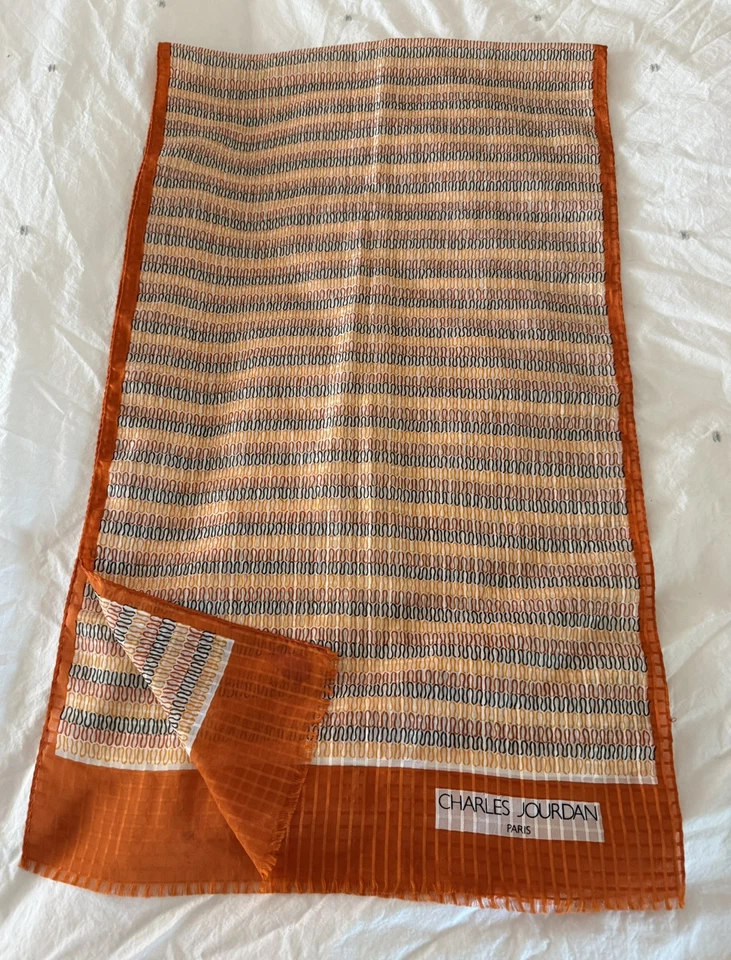 Bufanda geométrica vintage Charles Jourdan naranja transparente amarillo negro borde crudo Foto 1 de 4
