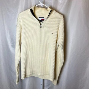 Vintage Tommy Hilfiger Herren L Quarter Zip Rib Knit Sweater White Flag Logo 90s Y2K - Bild 1 von 5