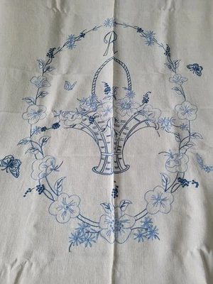 Antique Homespun Linen Bed Cover Coverlet & Bolster w Flower Basket Embroidery - Image 1 of 4