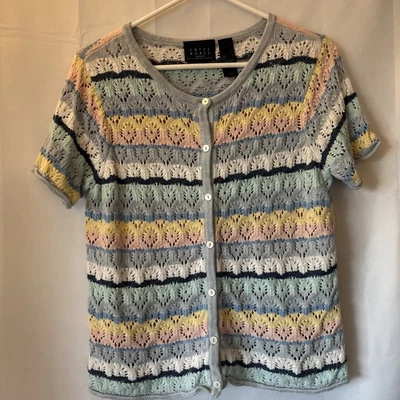 Crazy Horse Liz Claiborne Crocheted Button Up Multicolor Striped Sweater LG - Image 1 of 4