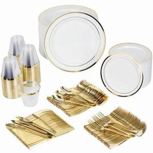 600piece Disposable Party Dinnerware Set For 100 Guests Gold Dinnerware Sets Dis - Picture 1 of 6