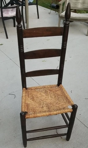 Antique Ladder-Back Dining Chair ~ Black Stained Rush Seat 45" Tall Hand Turned Cover