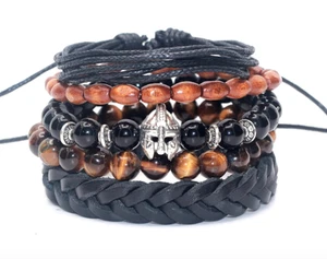 5Pc Men Bracelet Gladiator Set Leather Tiger Eye Onyx Wood Beads - Picture 1 of 1