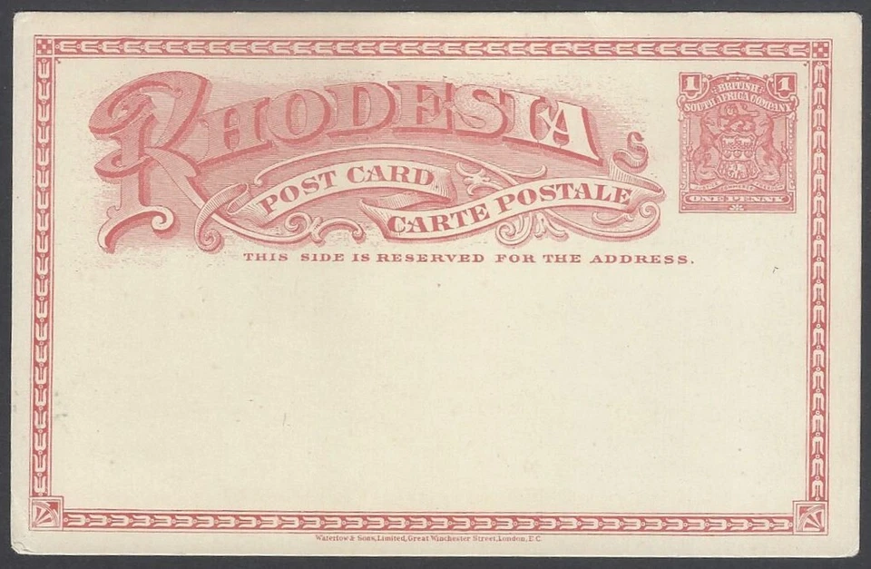 Tarjeta postal roja AOP Rhodesia Arms 1d sin usar Foto 1 de 1