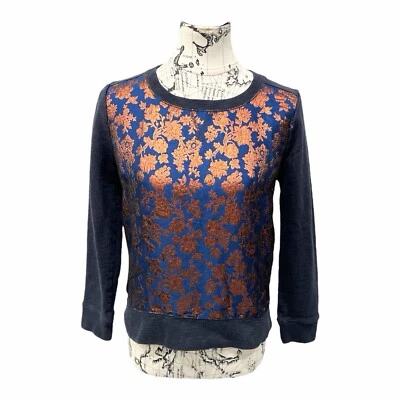  J Crew Blue and Bronze Metallic Patterned Sweater Navy Small Women - Image 1 of 4